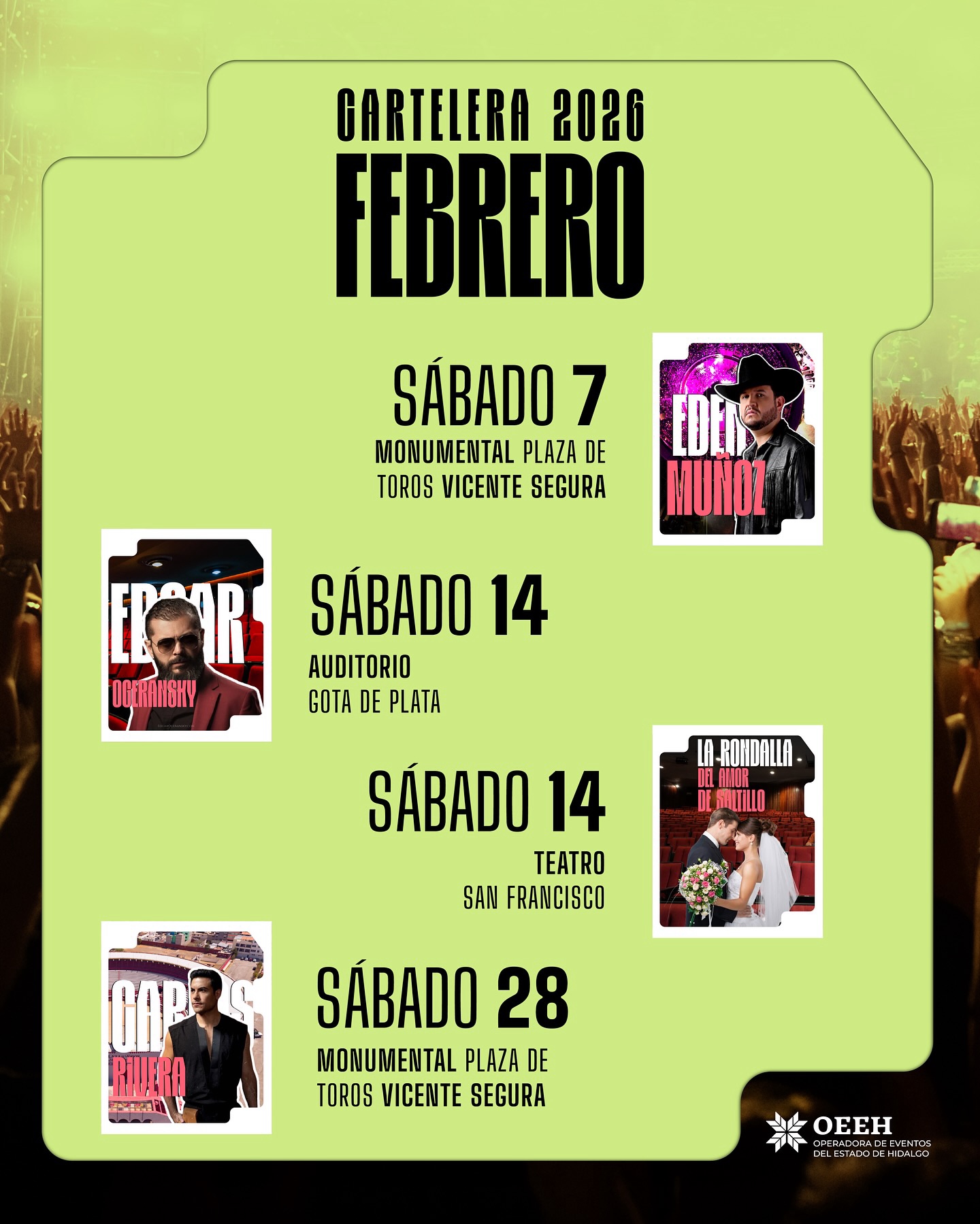 Recintos administrados por la OEEH albergarán grandes espectáculos durante febrero